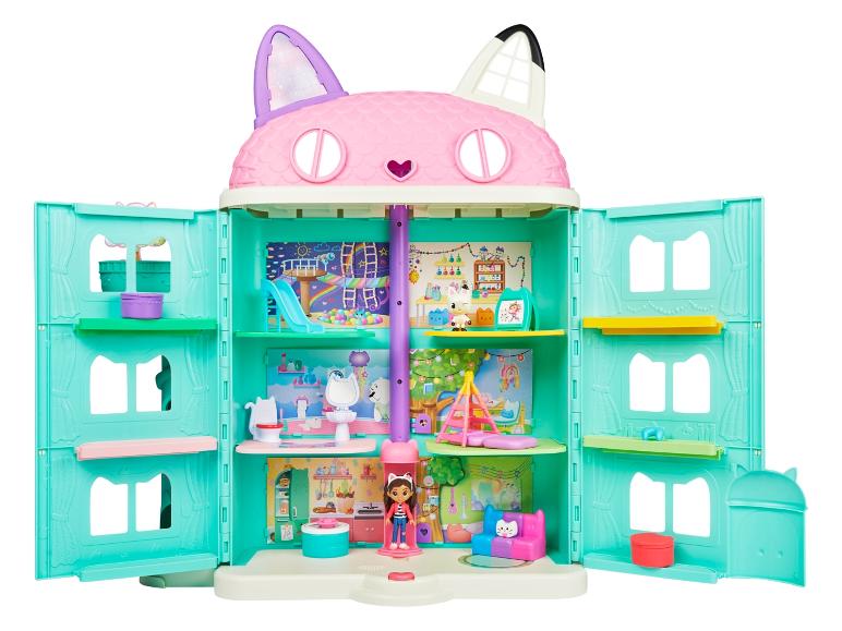 Ensemble de jeu La Maison Magique de Gabby avec plusieurs pièces, accessoires et une poupée Gabby.