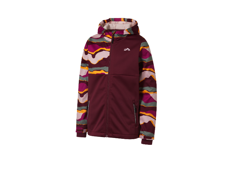 Une veste softshell bordeaux à capuche avec un motif pastel.