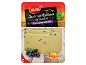 Fromage en tranches aux olives, 150 g, avec étiquette végétarienne.