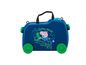 Une valise bleue à roulettes, décorée avec Peppa Pig et un dinosaure.