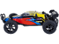 Voiture télécommandée colorée pour enfants sur fond noir.