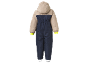 Combinaison de neige enfant beige et bleu foncé avec poignets jaunes et capuche.