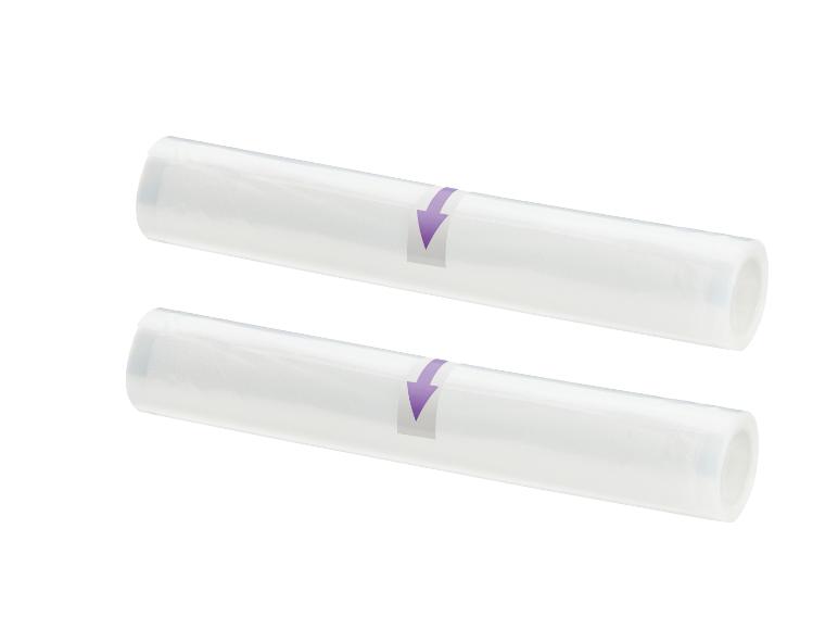 Deux rouleaux de film sous vide transparent avec des flèches violettes.