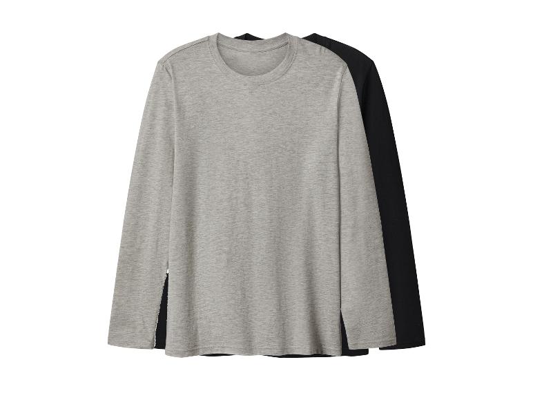 Deux t-shirts à manches longues, un gris et un noir, empilés.