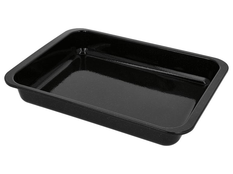 Plat de cuisson rectangulaire noir avec une surface brillante.