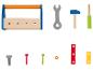 Boîte à outils en bois pour enfants : marteau, clé, vis, écrous et clous.