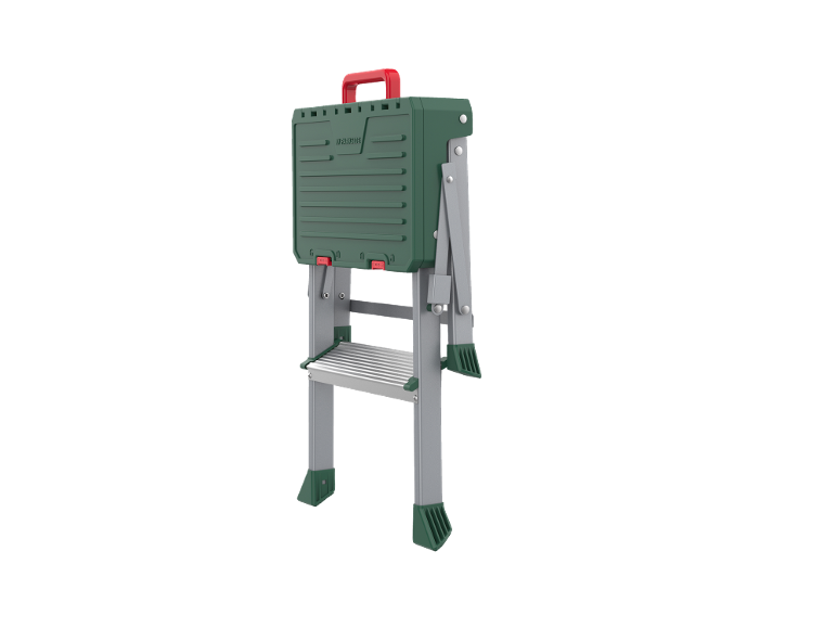 Escabeau pliant vert et gris avec poignée rouge