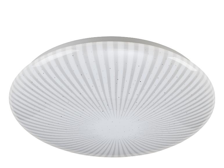 Plafonnier rond blanc avec des rayures radiales grises et de petits points.
