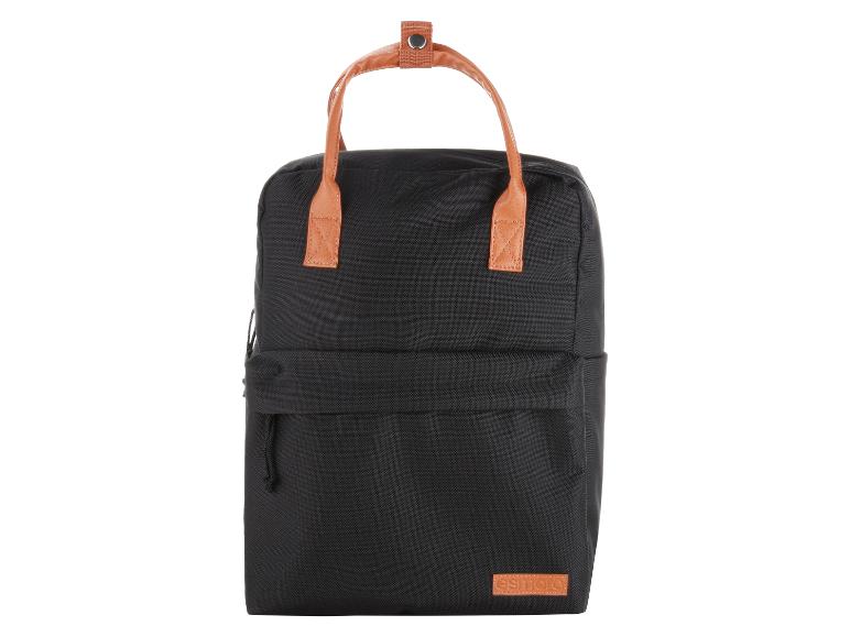 Sac à dos noir avec poignées et détails en cuir marron, avec cordon latéral.