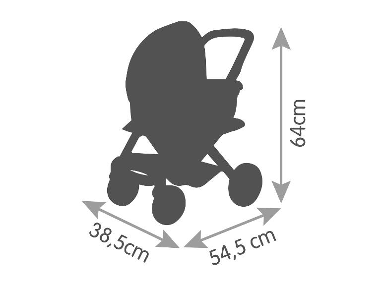 Une poussette avec des dimensions: 64 cm de haut, 38,5 cm de large et 54,5 cm de profondeur.
