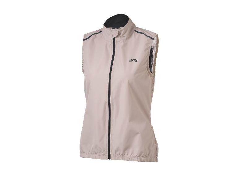 Gilet de course léger sans manches beige avec fermeture éclair noire et détails réfléchissants