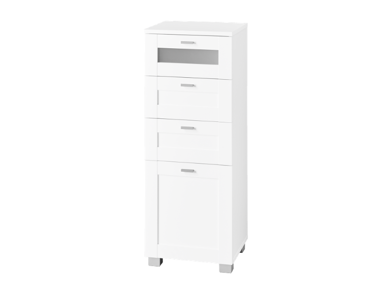 Commode blanche avec quatre tiroirs et une étagère ouverte.