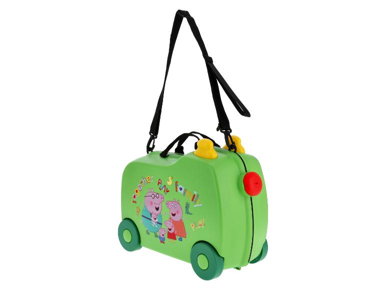 Valise enfant verte à roulettes avec personnages Peppa Pig et le texte 'Together Play Family'.
