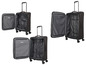 Trois valises Paklite ouvertes avec des roulettes.