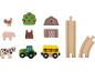 Ensemble de jeu de ferme en bois avec animaux, bâtiments, tracteur, wagon et rails.