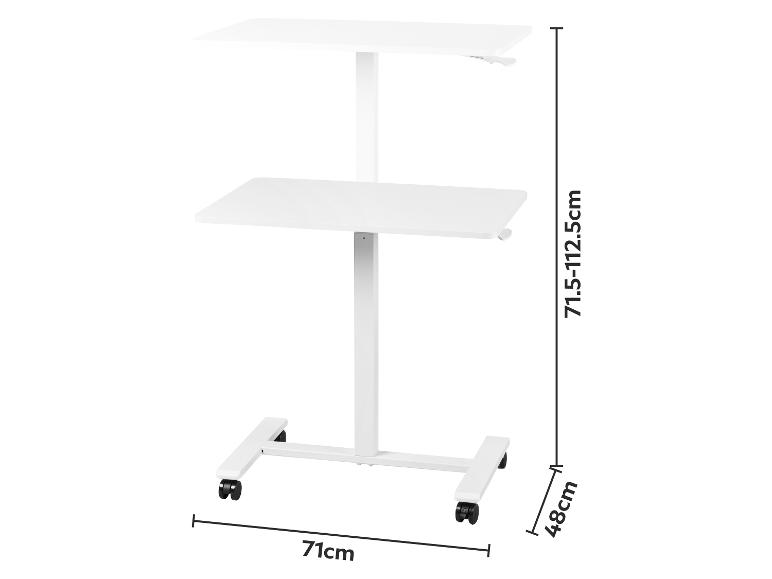 Bureau mobile blanc réglable en hauteur (71,5-112,5 cm) avec deux plateaux, 71 cm de large et 48 cm de profondeur.