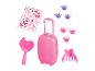 Ensemble de jouets roses avec valise, brosse, peigne, couronnes et autocollants.