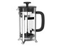 Une cafetière à piston en verre avec une poignée noire.
