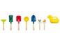 Ensemble d'outils de jardinage pour enfants, y compris un arrosoir en forme de canard.