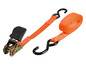 Une sangle d'arrimage orange avec une boucle noire et des crochets.