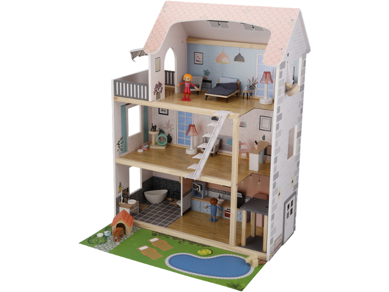 Grande maison de poupée en bois avec piscine, meubles et figurines.
