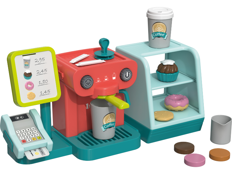Machine à café jouet avec caisse enregistreuse et présentoir à pâtisseries