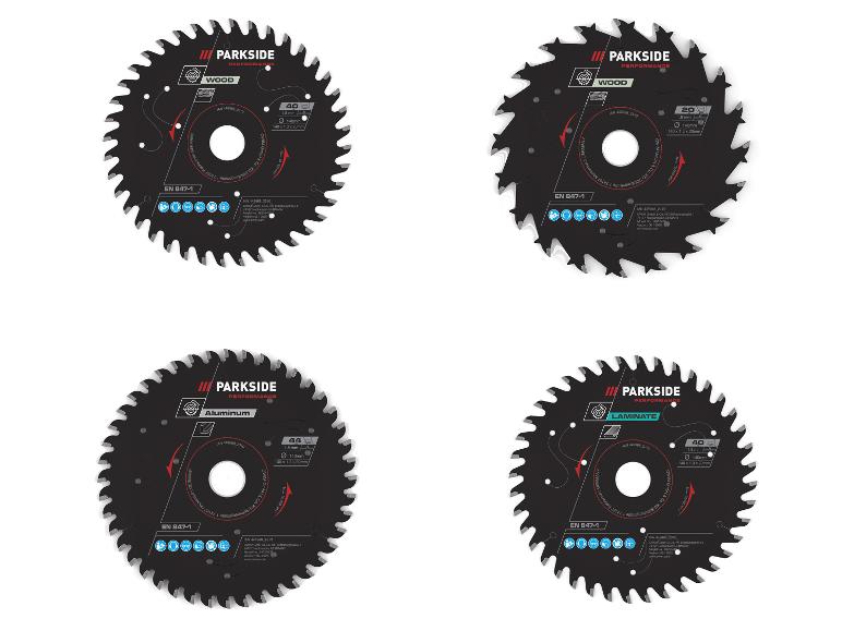 Quatre lames de scie circulaire pour bois, aluminium et stratifié avec différents nombres de dents.