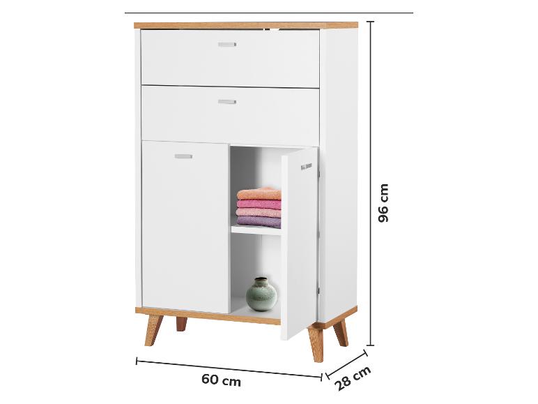 Commode blanche avec plateau en bois, deux tiroirs et deux portes, mesurant 96x60x28 cm.