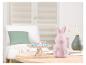 Un lapin rose et un plateau en verre avec un cadeau sur une table en bois.