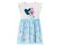 Robe blanche avec jupe en tulle bleu, cœur à paillettes et personnages de dessins animés.