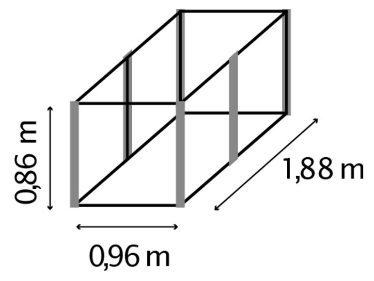 Structure de cage avec dimensions 0,86 m (hauteur), 0,96 m (largeur), 1,88 m (profondeur).