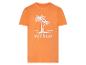 T-shirt orange avec imprimé palmiers et le texte 'Voyager'.