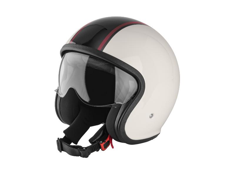 Un casque de moto blanc avec des rayures rouges et une visière.