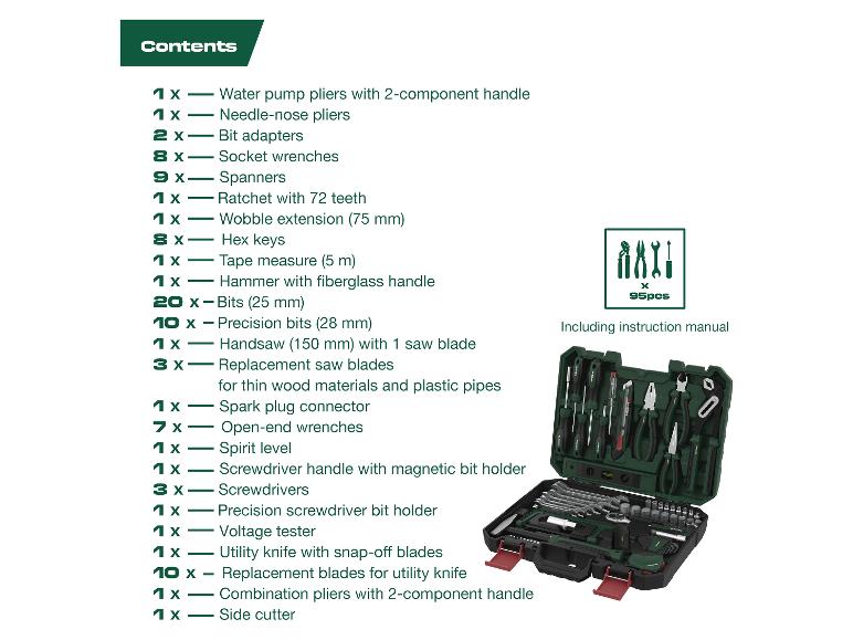 Kit d'outils avec pinces, clés, tournevis, mètre ruban et scie, 95 pièces au total.