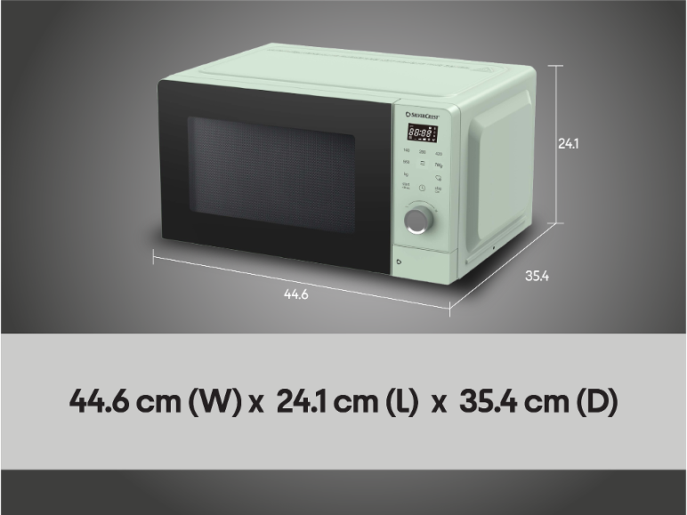 Four à micro-ondes couleur menthe avec des dimensions de 44,6 cm (L) x 24,1 cm (H) x 35,4 cm (P).