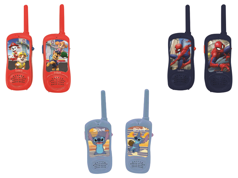 Ensembles de talkie-walkies pour enfants avec motifs Pat' Patrouille, Spider-Man et Stitch.