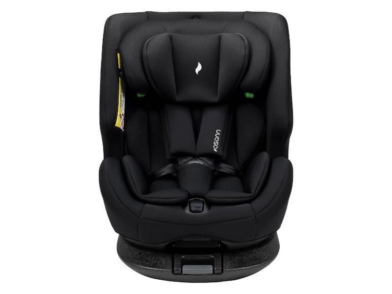 Siège auto noir pour enfant avec harnais de sécurité et appui-tête réglable.