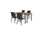 Ensemble table et chaises en rotin synthétique avec plateau en bois.