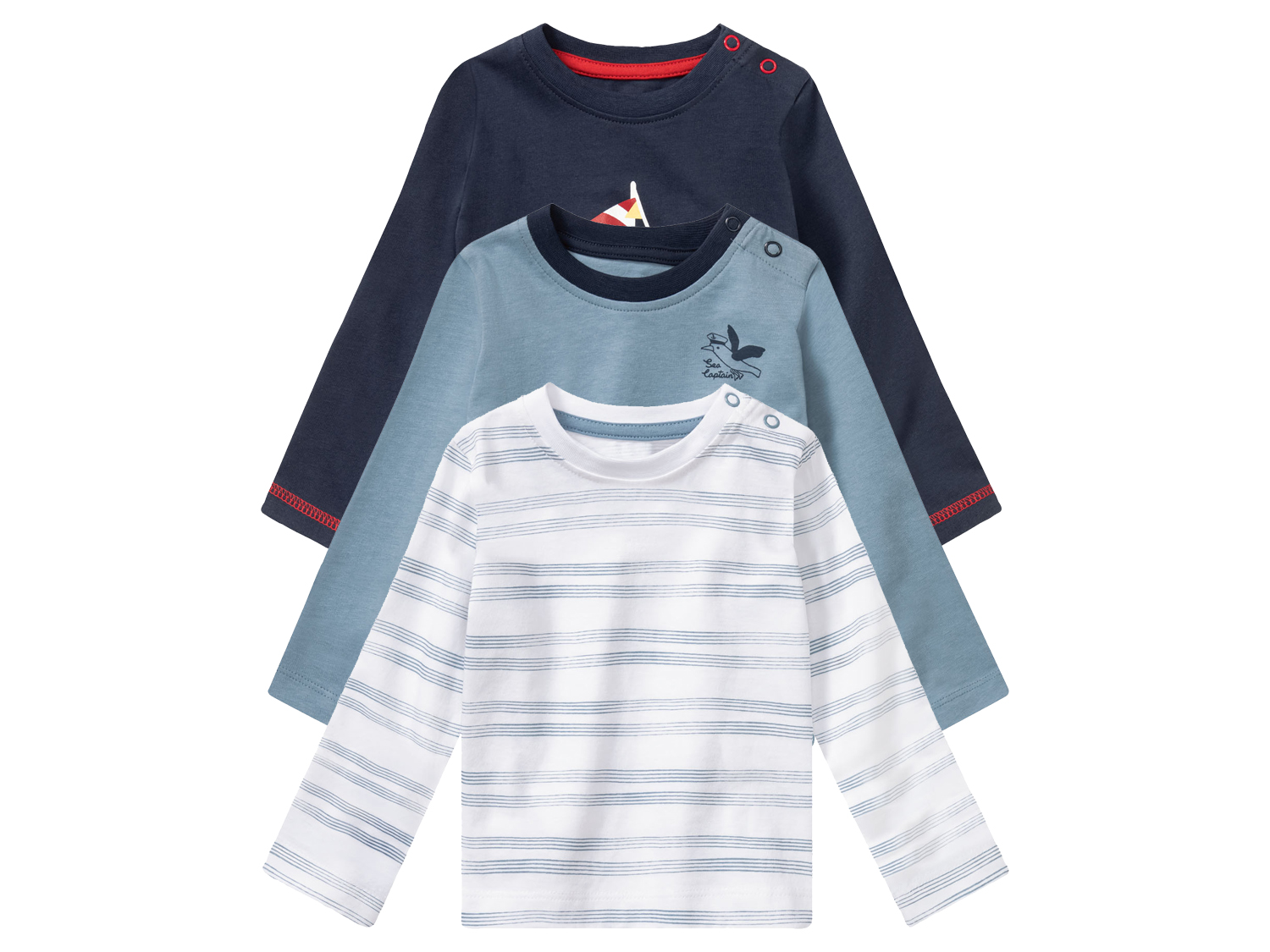 lupilu® Lot de 3 t-shirts manches longues bébé (50/56, blanc/bleu marine/bleu)