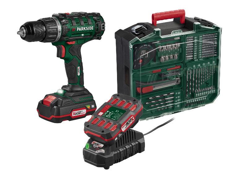 Ensemble perceuse-visseuse sans fil PARKSIDE X 20 V Team avec chargeur et kit d'accessoires 200 pièces.