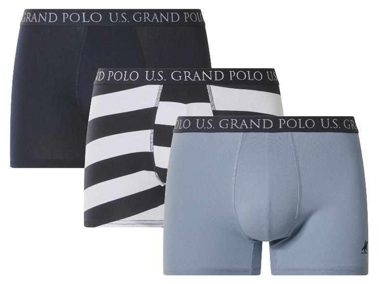 Lot de trois boxers en coton pour homme : un bleu marine, un rayé noir et blanc, et un bleu clair.