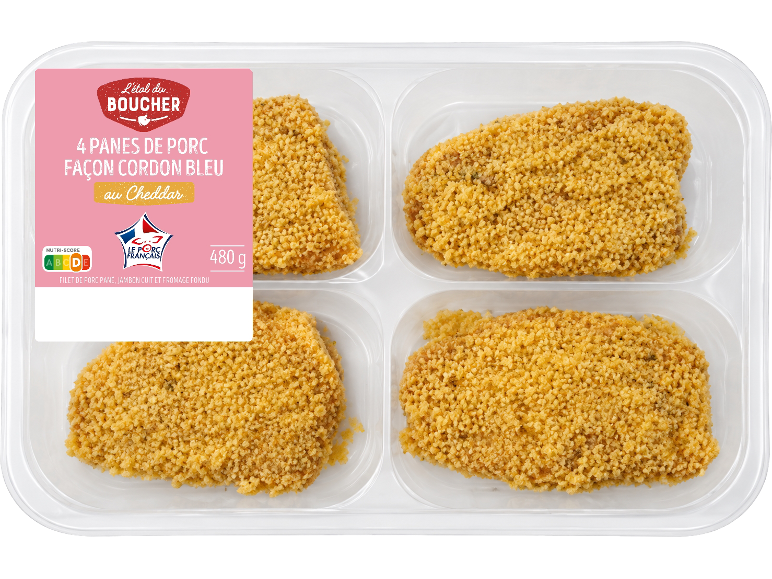 Barquette de 4 panés de porc façon cordon bleu au cheddar, 480 g