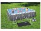 Piscine Bestway rectangulaire, filtre à sable et chauffe-eau solaire.