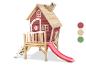 Maisonnette en bois rouge avec toboggan rose et échelle, avec palette de couleurs.