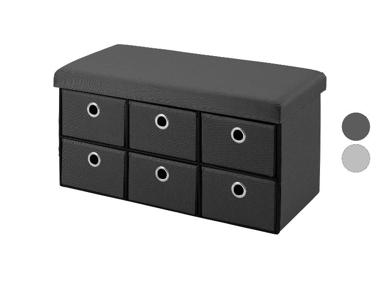Banc de rangement gris foncé avec six tiroirs en tissu et anneaux métalliques.