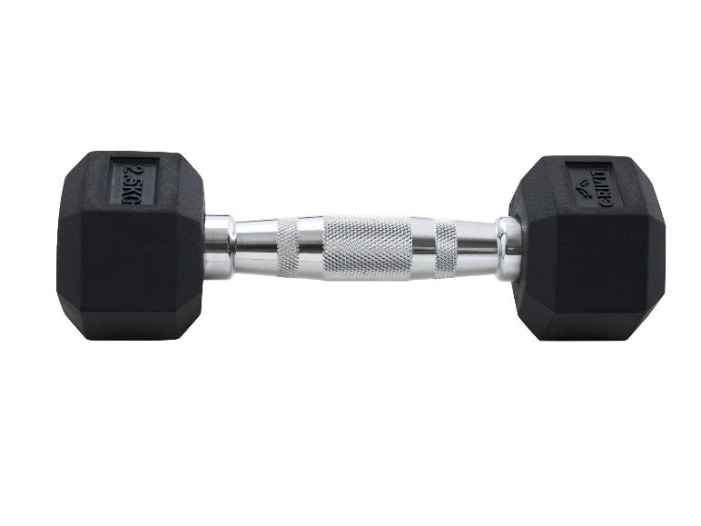 Haltère Crivit de 2,5 kg avec poids hexagonaux noirs et poignée chromée