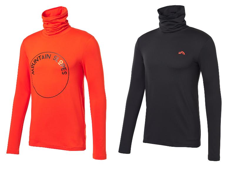 Deux maillots de corps à manches longues, un orange avec le texte 'MOUNTAIN SLOPES', un noir avec un logo.