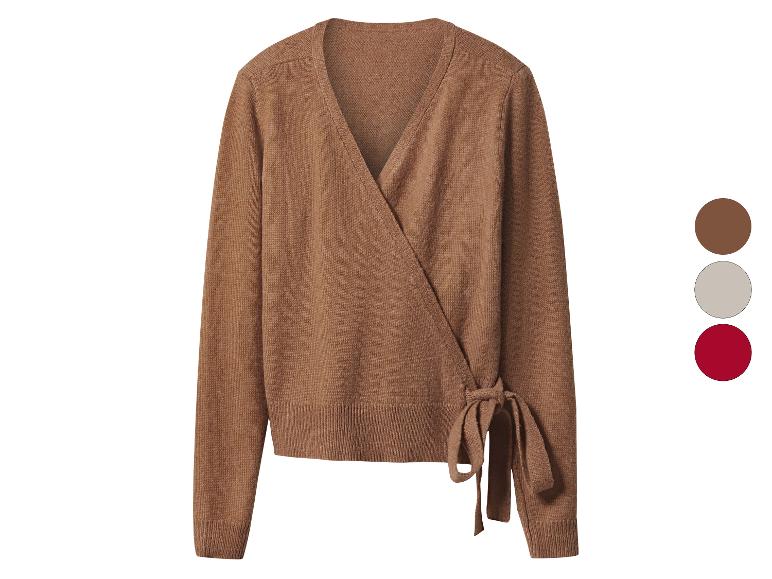 Cardigan cache-cœur tricoté marron avec lien et échantillons de couleurs.