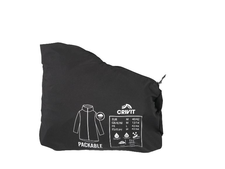 Veste noire compressible avec tableau des tailles et icônes de protection météo.