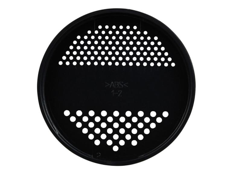 Passoire noire et ronde avec trous perforés et marquage ABS.